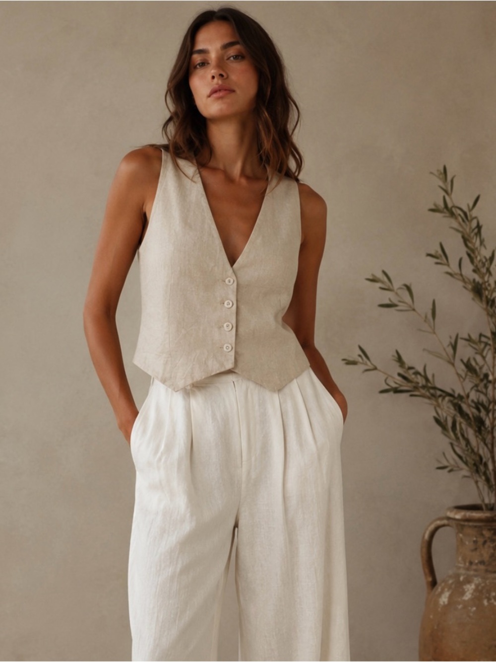 New! DISSH Linen Tailored Vest Butter Cream Neutral Minimalist 🐚 size 2